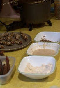 beer quinoa battered okra setup
