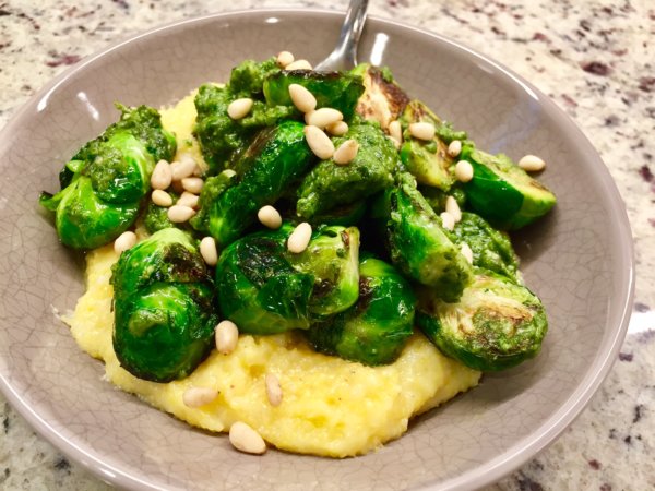 parmesan grits with pesto roasted brussels sprouts