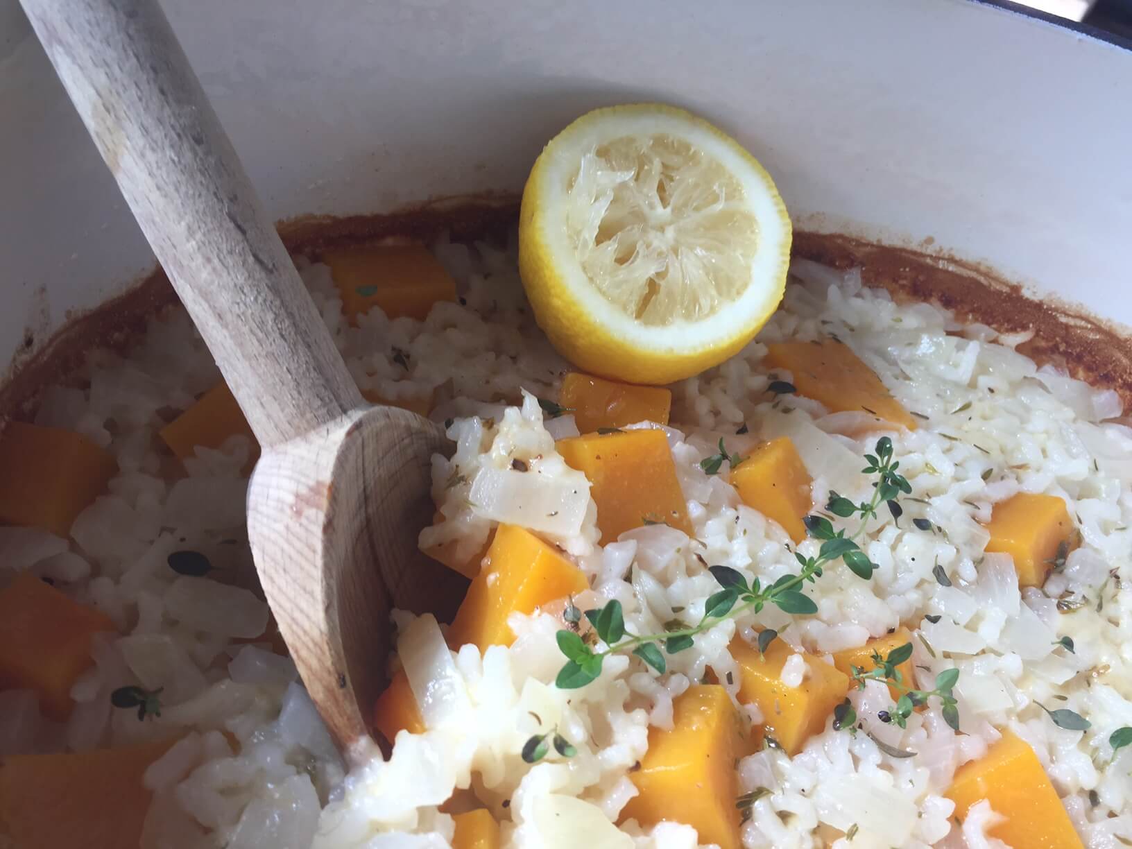 butternut squash risotto in a roaster