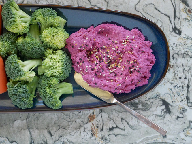 Beet hummus with everything seasoning