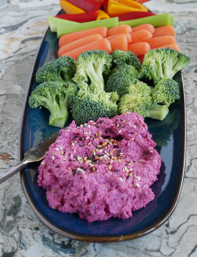 Beet hummus with everything seasoning