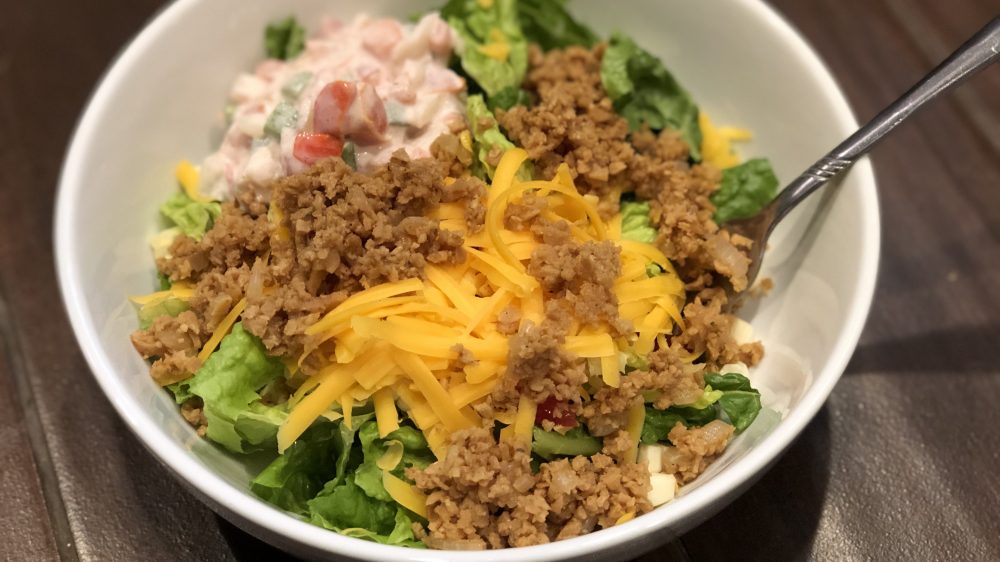 Taco salad made with TVP taco meat