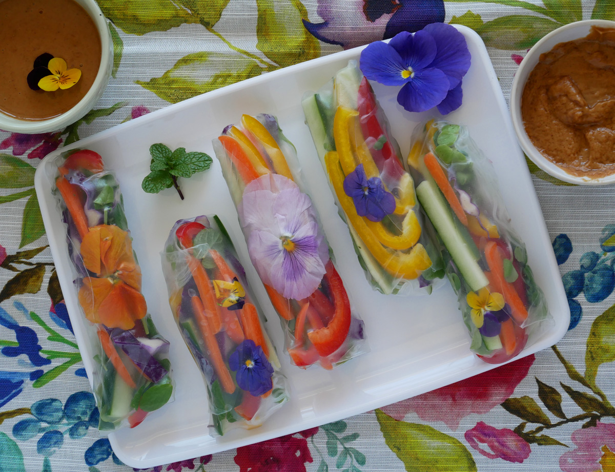 Fresh spring rolls with edible flowers